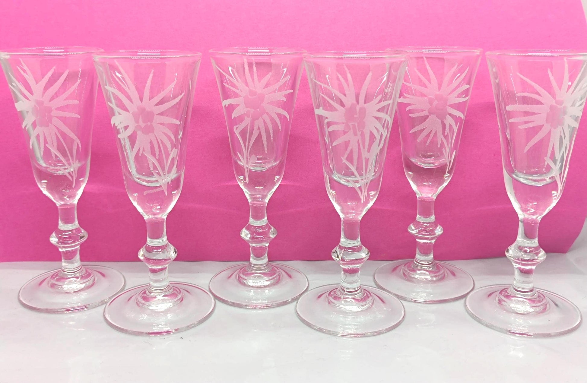 6 Liqueur glasses, for Martini. Engraved with flower motifs,Luminarc French vintage __etsy:7912486602