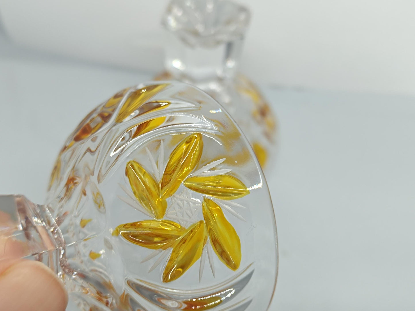 Two Vintage Cut and Pressed Liqueur Crystalline Glasses with Amber __etsy:7960458629