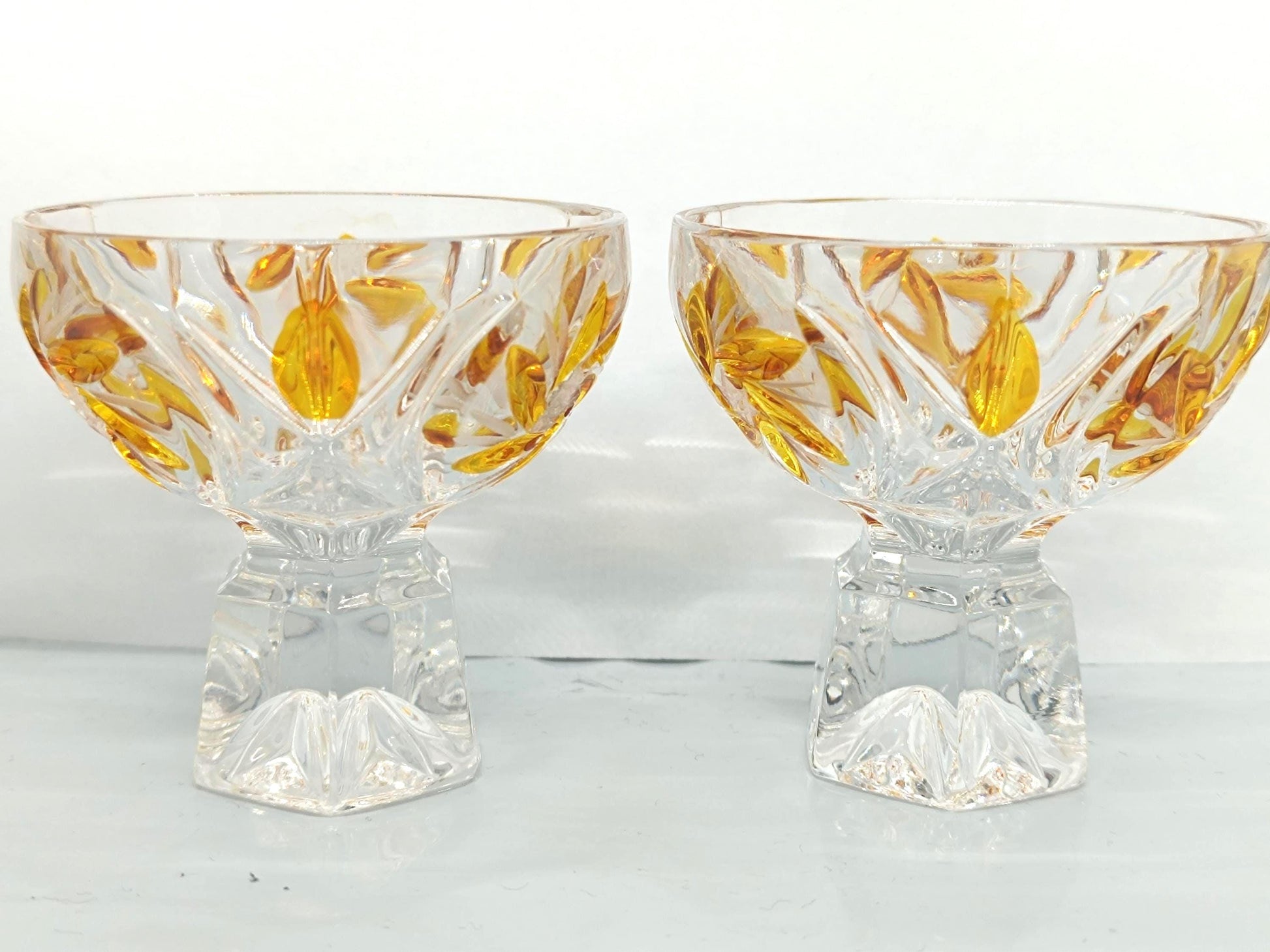 Two Vintage Cut and Pressed Liqueur Crystalline Glasses with Amber __etsy:7960499901