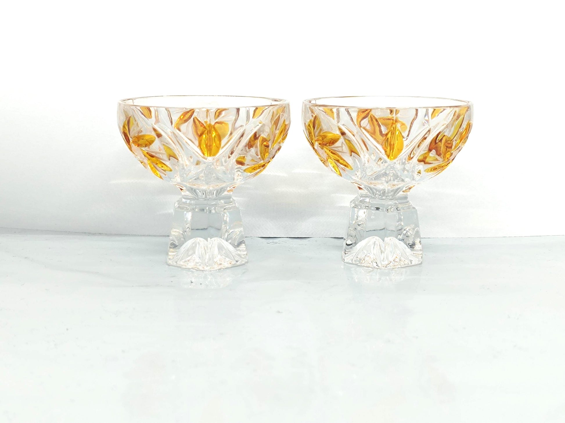 Two Vintage Cut and Pressed Liqueur Crystalline Glasses with Amber __etsy:7960500547