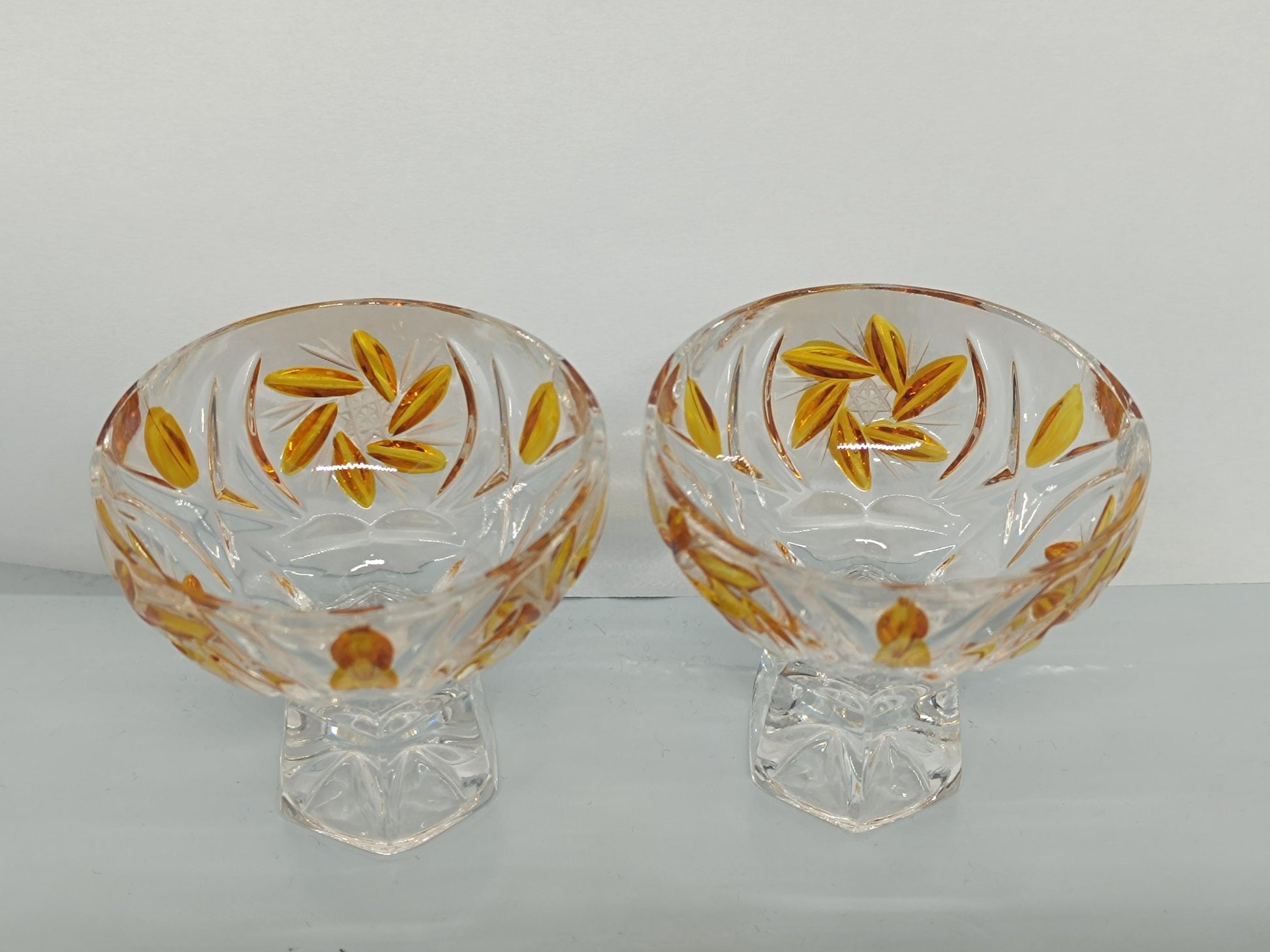 Two Vintage Cut and Pressed Liqueur Crystalline Glasses with Amber __etsy:7912504780