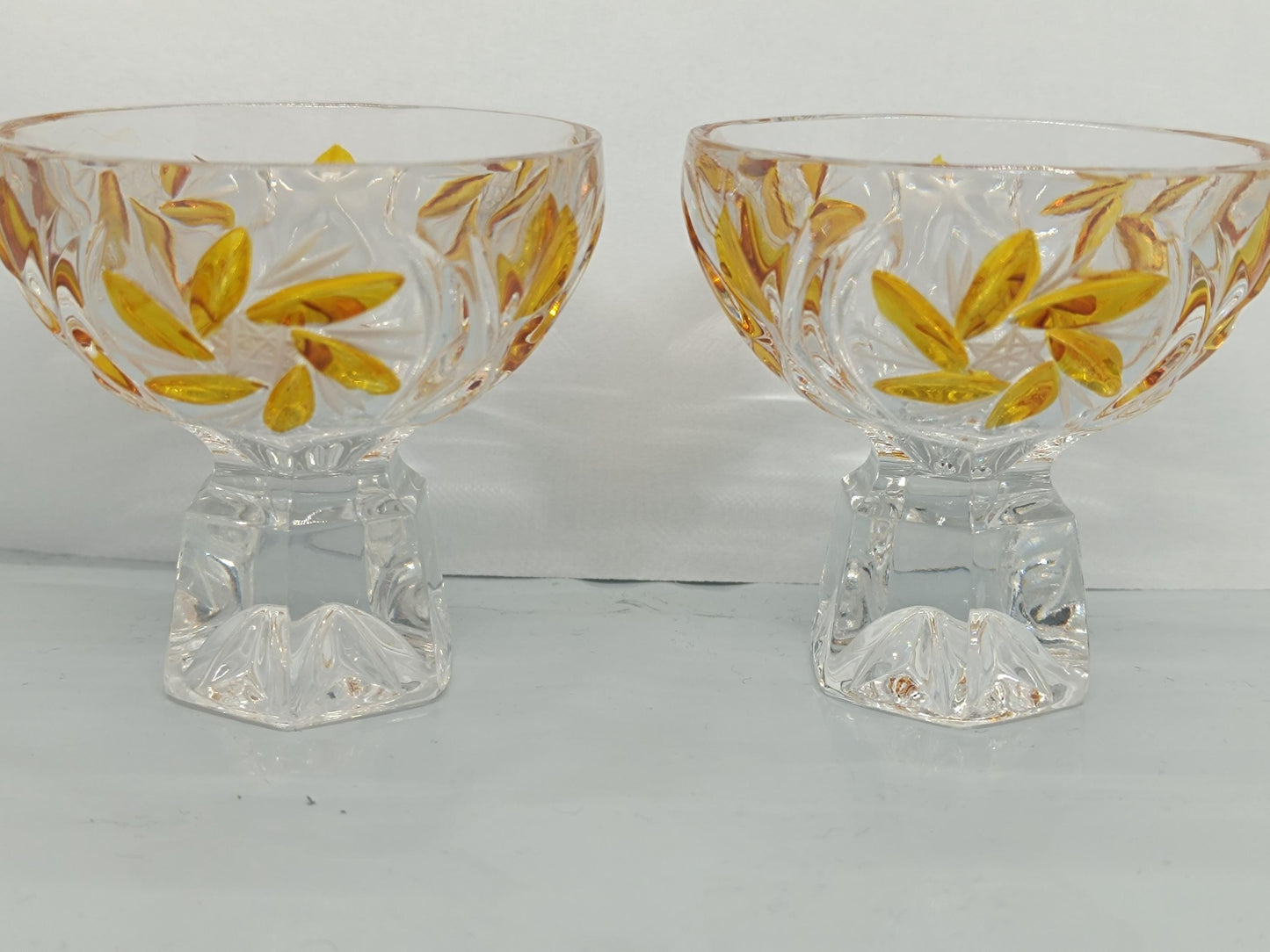 Two Vintage Cut and Pressed Liqueur Crystalline Glasses with Amber __etsy:7960458393