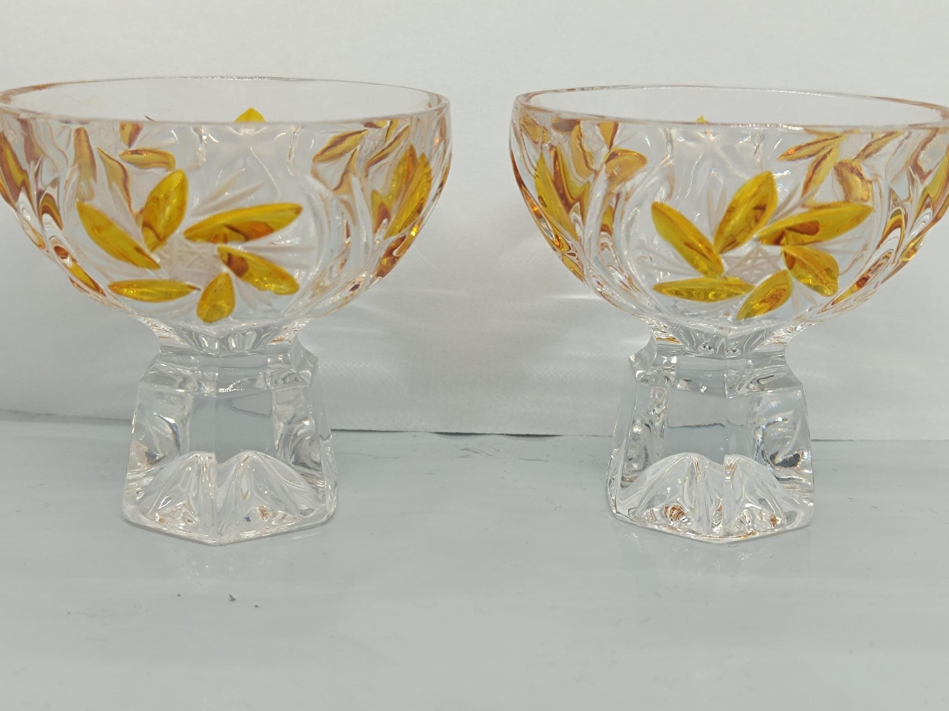 Two Vintage Cut and Pressed Liqueur Crystalline Glasses with Amber __etsy:7960458393