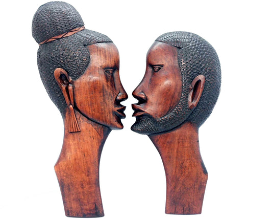 Pair of African Folk Art, Vintage Wood Carved Wall Decor Faces