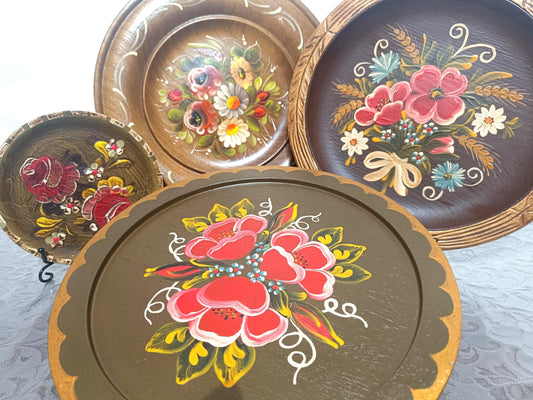 Vintage Germany Wooden Plate Handpainted Folk Art Wall Decor Flowers