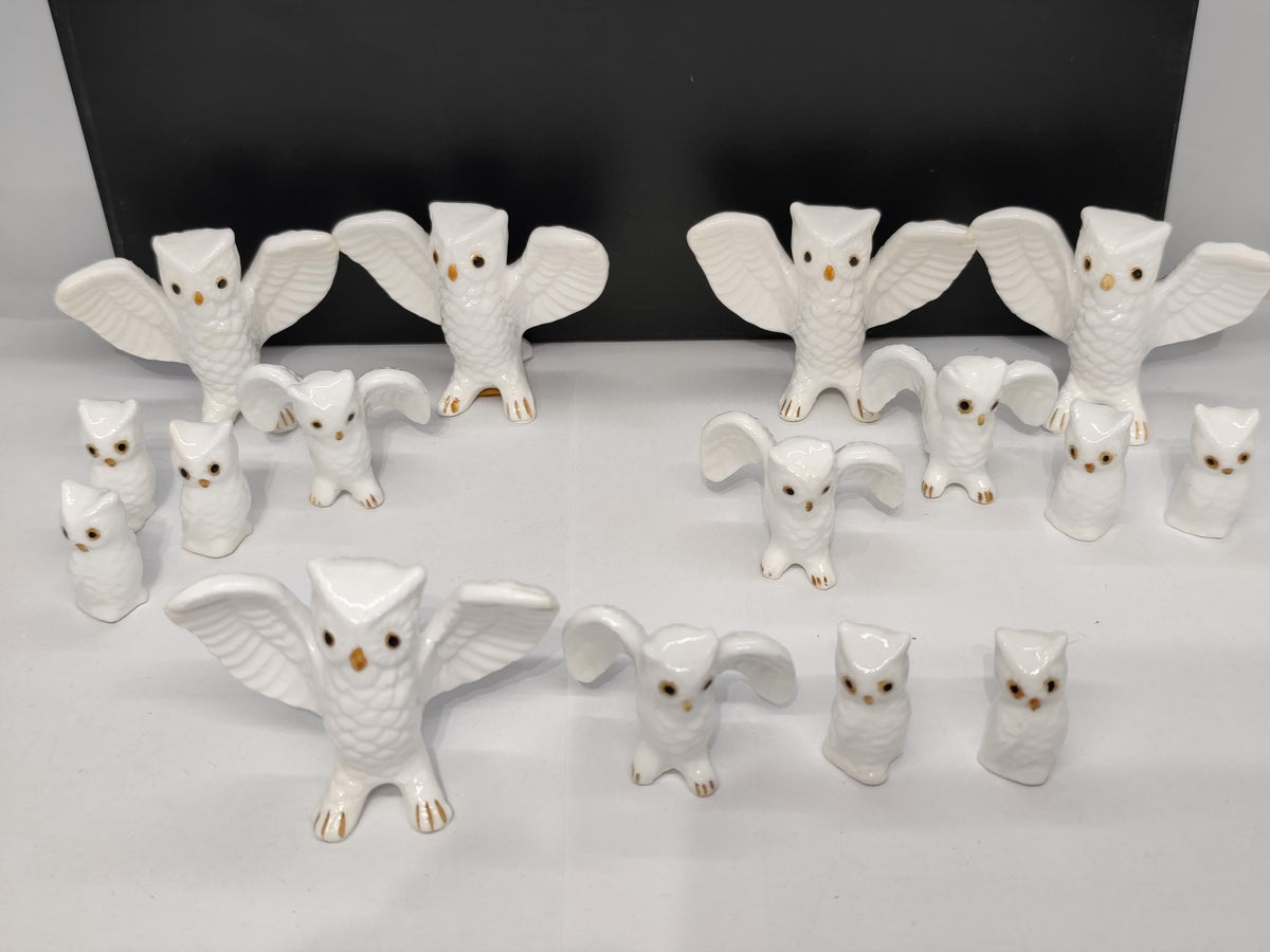 Set of 16 Bone China Genuine Owls Figurines