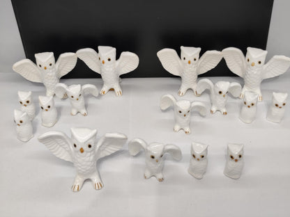 Set of 16 Bone China Genuine Owls Figurines
