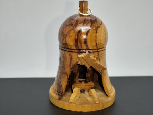 Vtg Wooden Bell with Nativity Scene Olive Wood