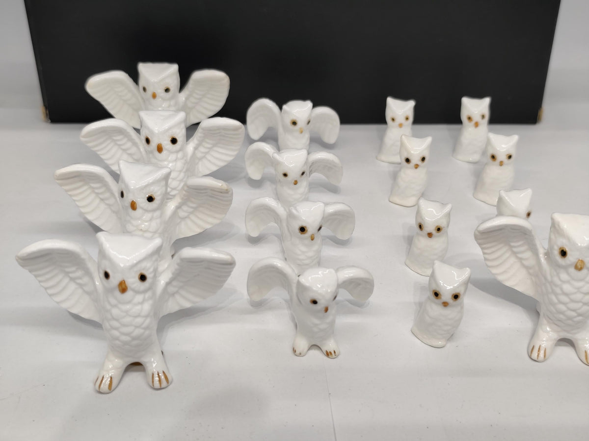Set of 16 Bone China Genuine Owls Figurines