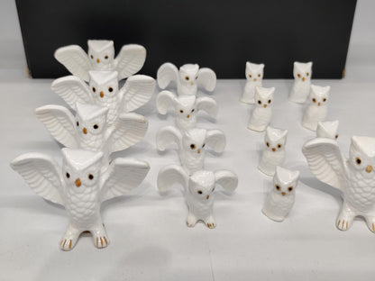 Set of 16 Bone China Genuine Owls Figurines