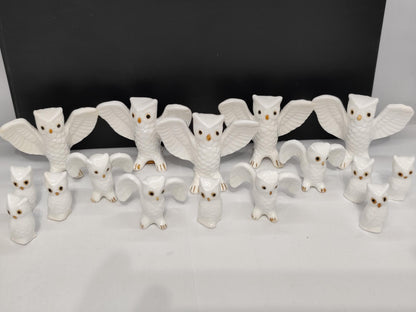 Set of 16 Bone China Genuine Owls Figurines